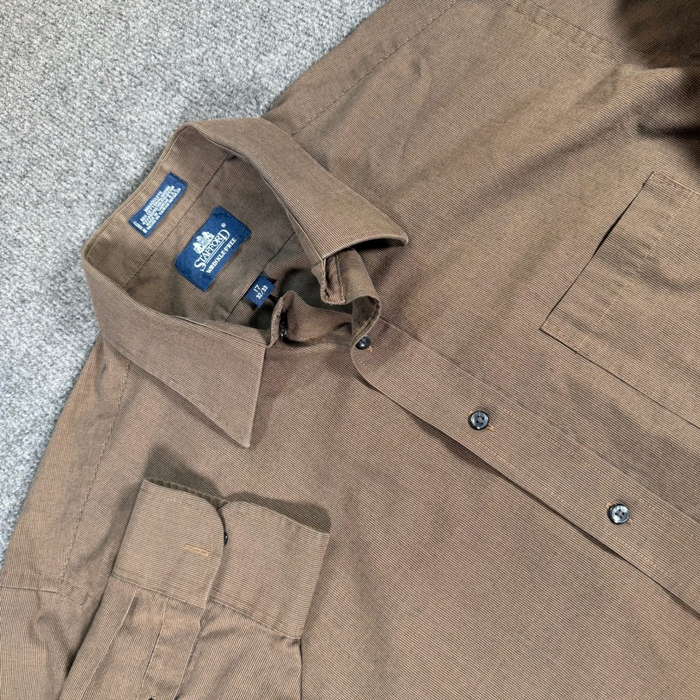 Stafford Mens Brown Stripe Wrinkle Free Dress Shirt 17 32/33 Broadcloth #4536